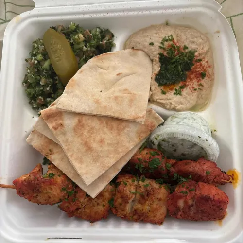Chicken or Beef Kabob Plate - Served with hummus, tabouli and pita bread.